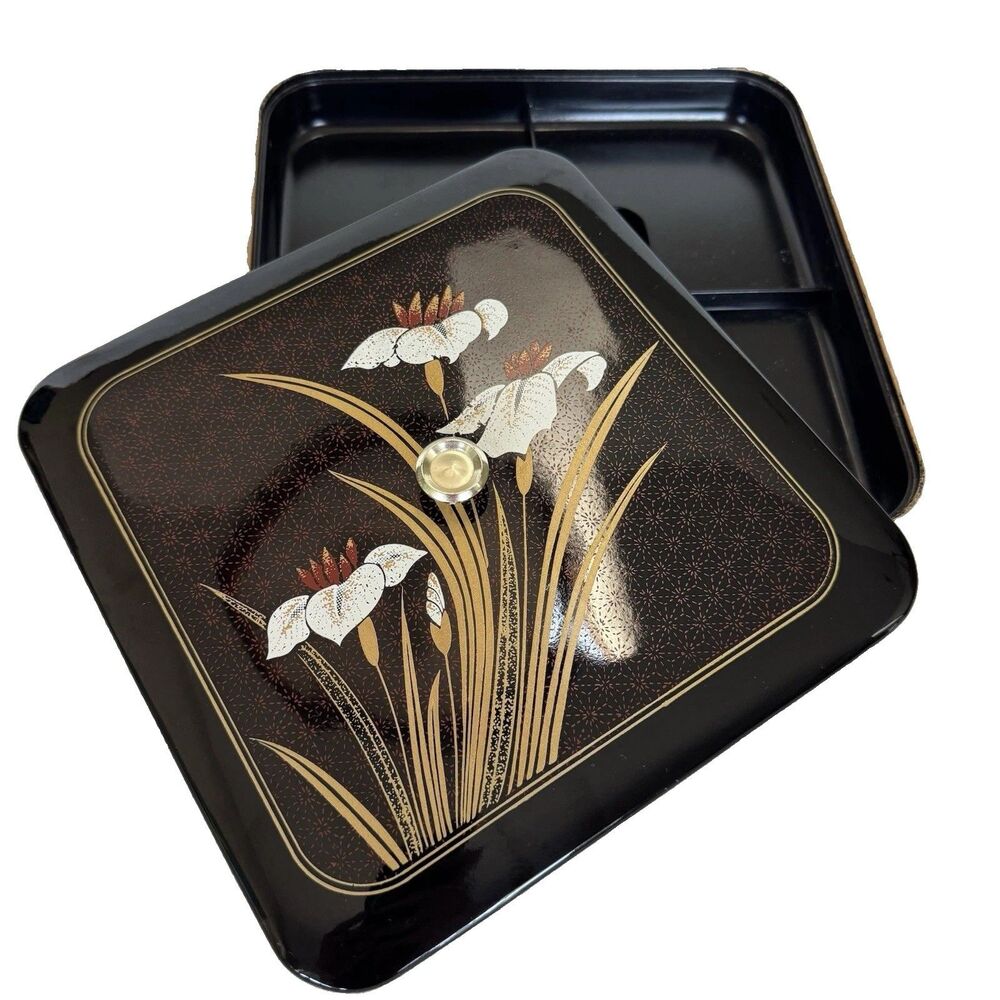 Vintage TOYO Japan Lacquerware Divided Tray w Lid Iris Floral Black Gold 10” MCM